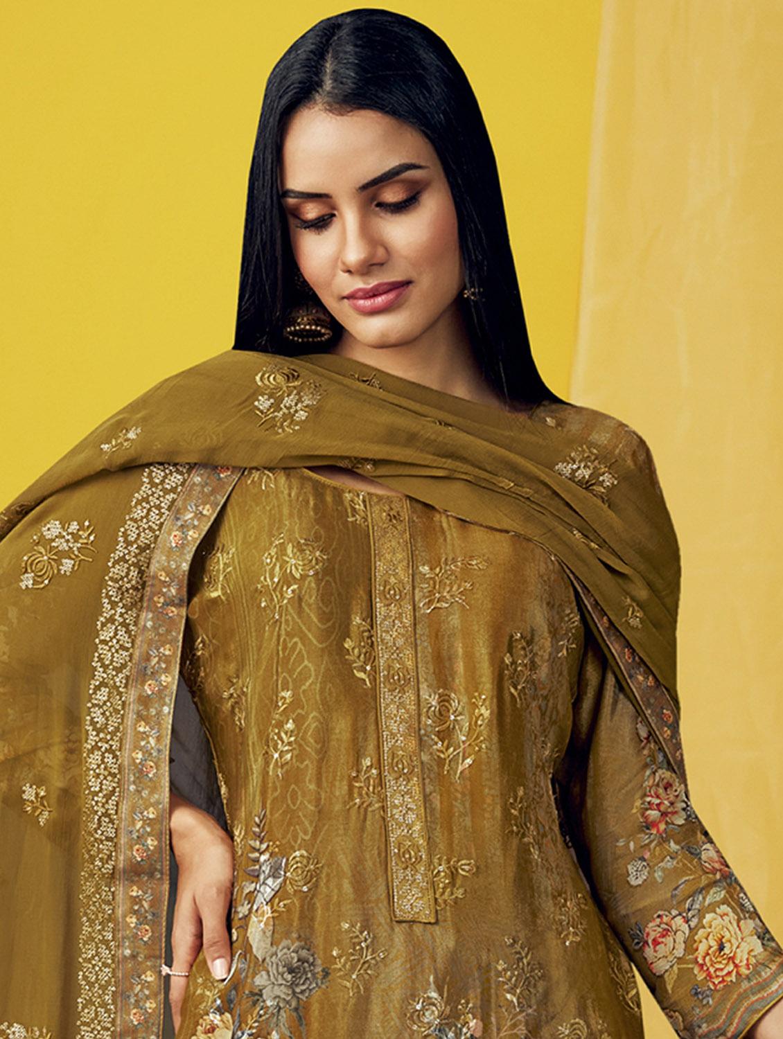 mustard round neck unstitched suits - 20027696 - Standard Image - 2