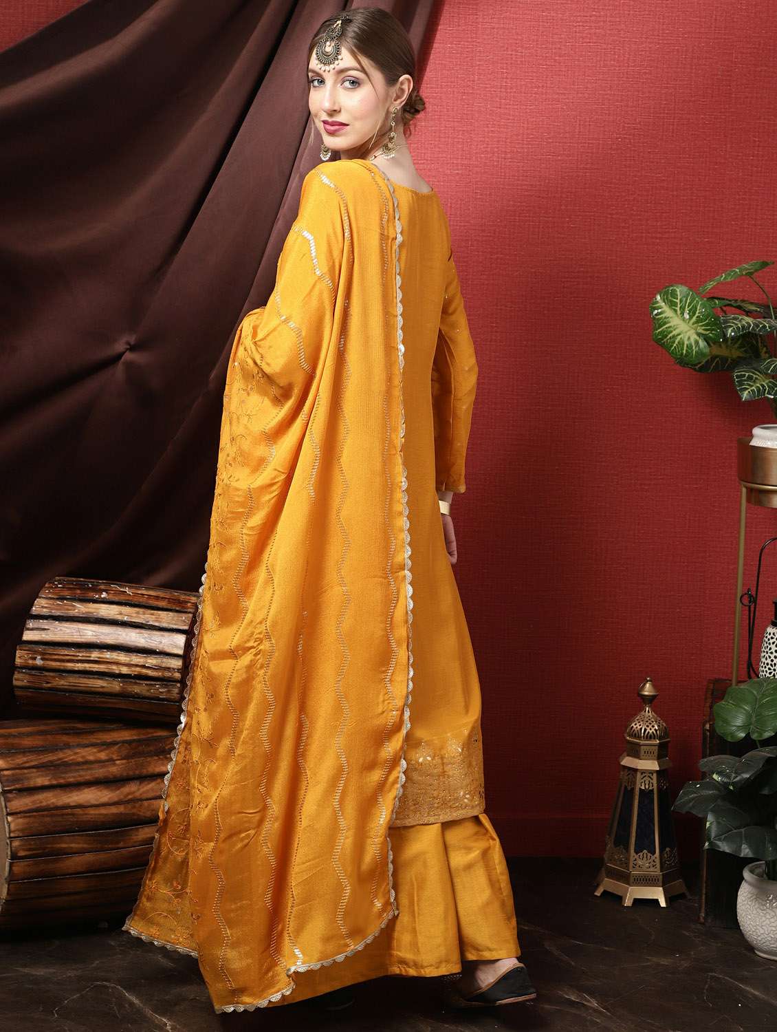 yellow boat neck unstitched suits - 20027729 - Standard Image - 2