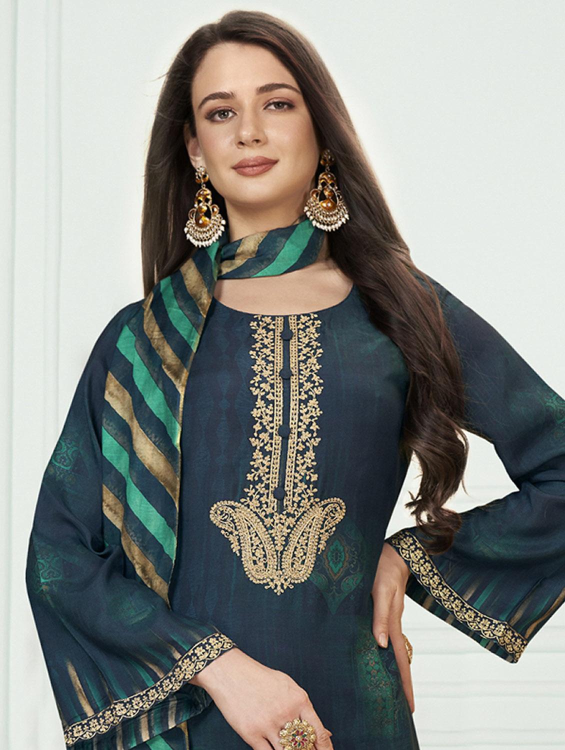 teal round neck unstitched suits - 20027766 - Standard Image - 2