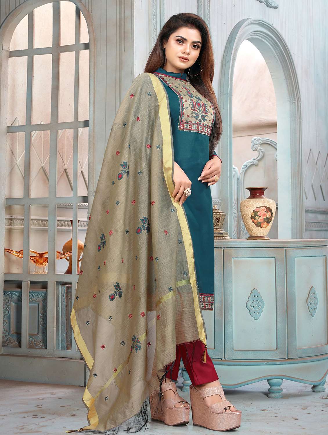 mandarin neck unstitched straight pant suits - 20029485 - Standard Image - 2