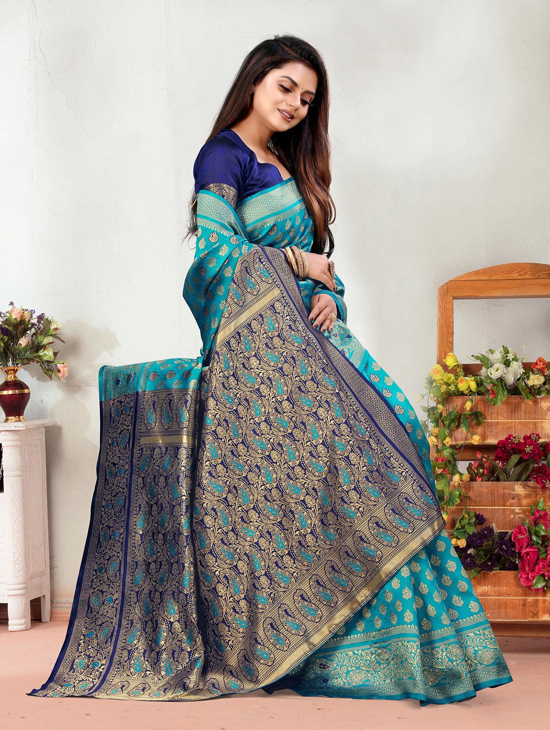light blue banarasi saree with blouse - 20029515 - Standard Image - 2