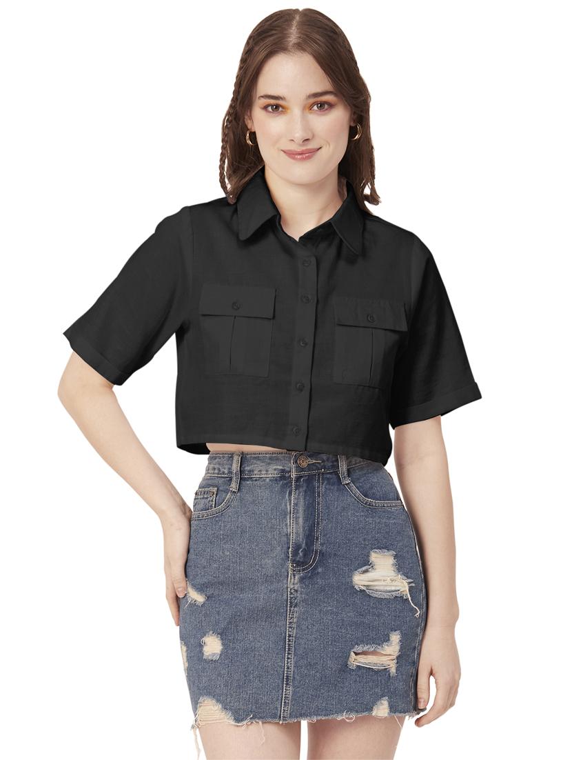 black cotton crop shirt - 20031249 -  Zoom Image - 0