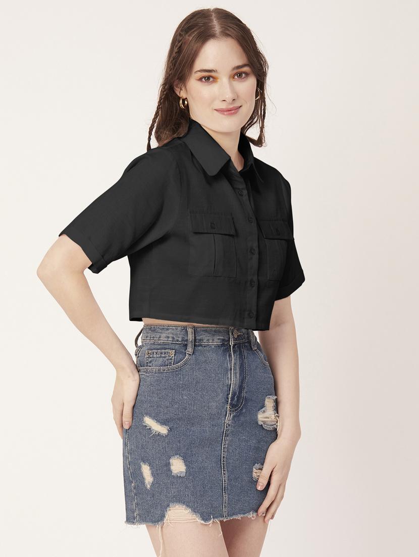 black cotton crop shirt - 20031249 - Standard Image - 2