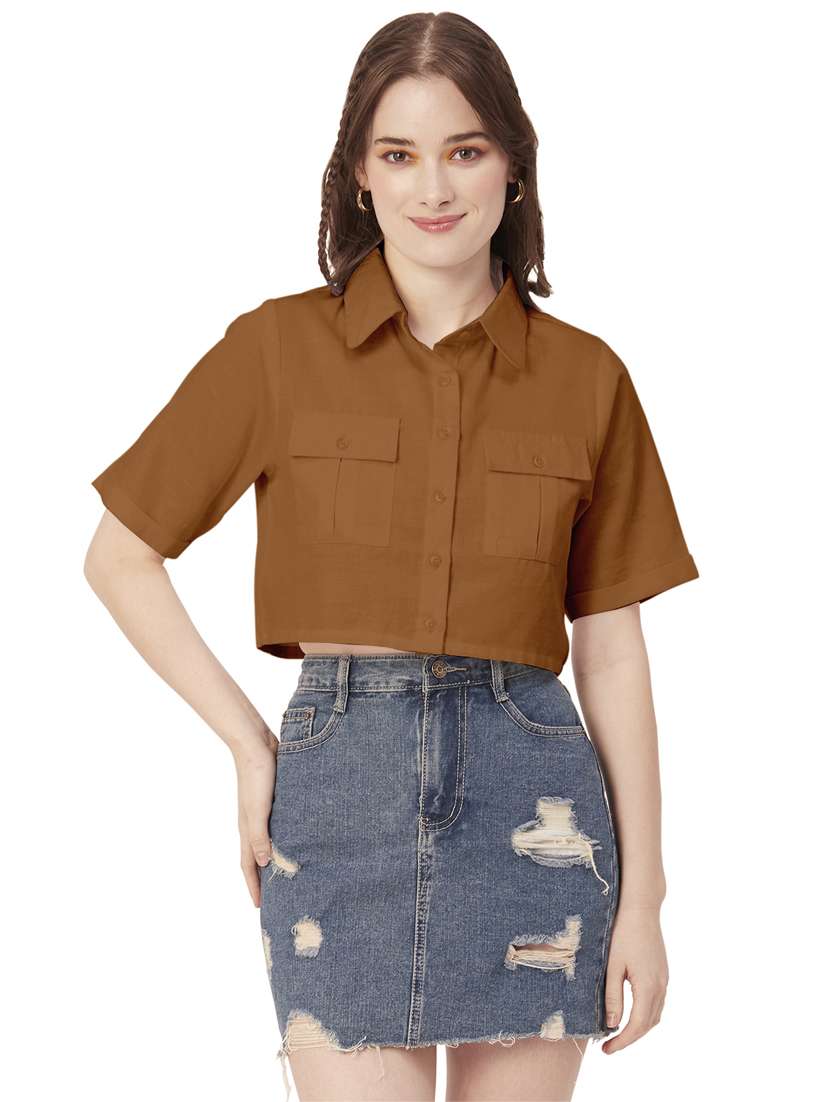 brown cotton crop shirt
