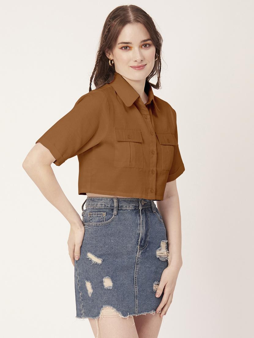 brown cotton crop shirt - 20031250 - Standard Image - 2