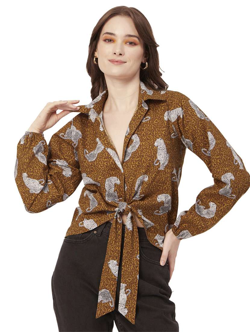 khaki cotton blend crop shirt - 20031256 -  Zoom Image - 0