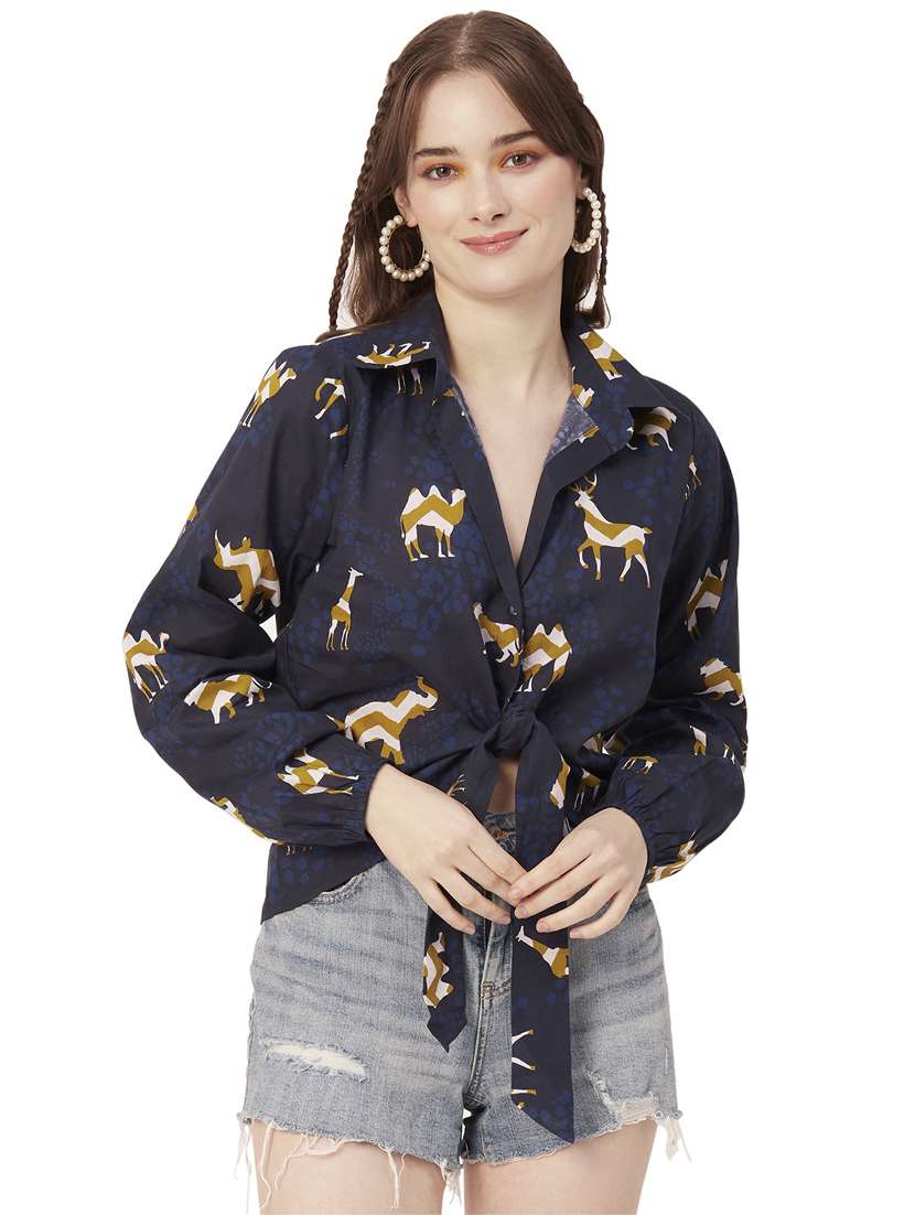 blue cotton blend crop shirt