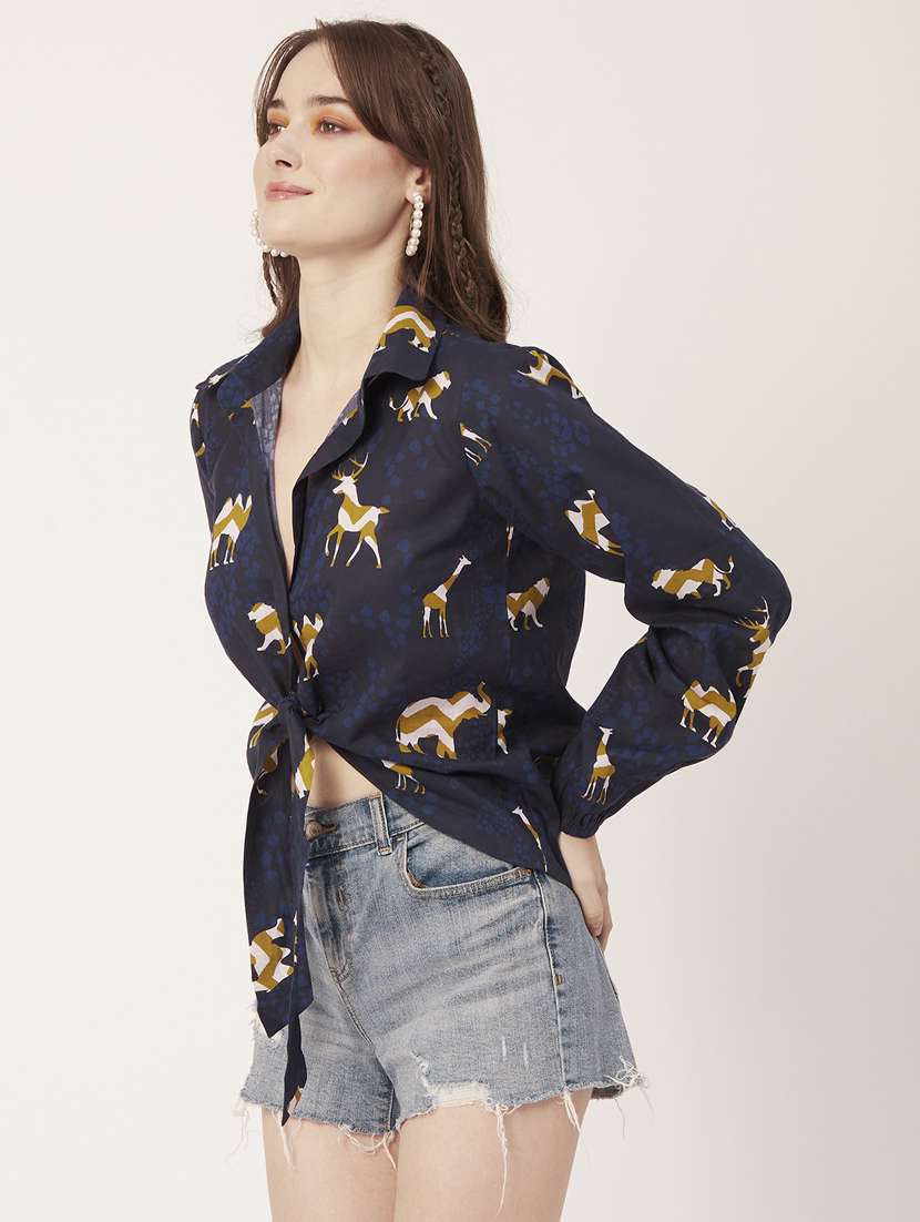 blue cotton blend crop shirt - 20031258 -  Standard Image - 2