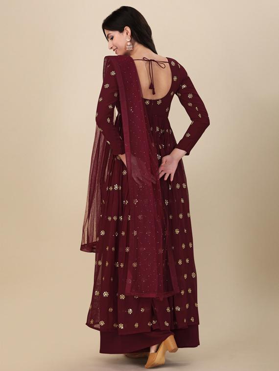 burgundy embroidered semi-stitched palazzo suits - 20031309 - Standard Image - 2