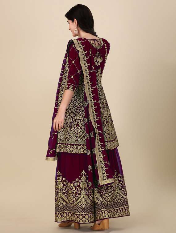 maroon embroidered semi-stitched suits - 20031315 -  Standard Image - 2