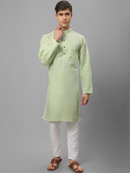 green cotton long kurta - 20031716 - Standard Image - 0
