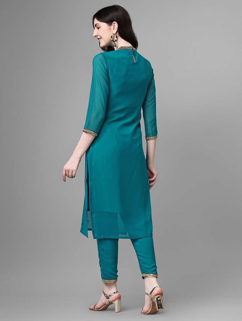 turquoise self design kurta pant set - 20031746 -  Standard Image - 2