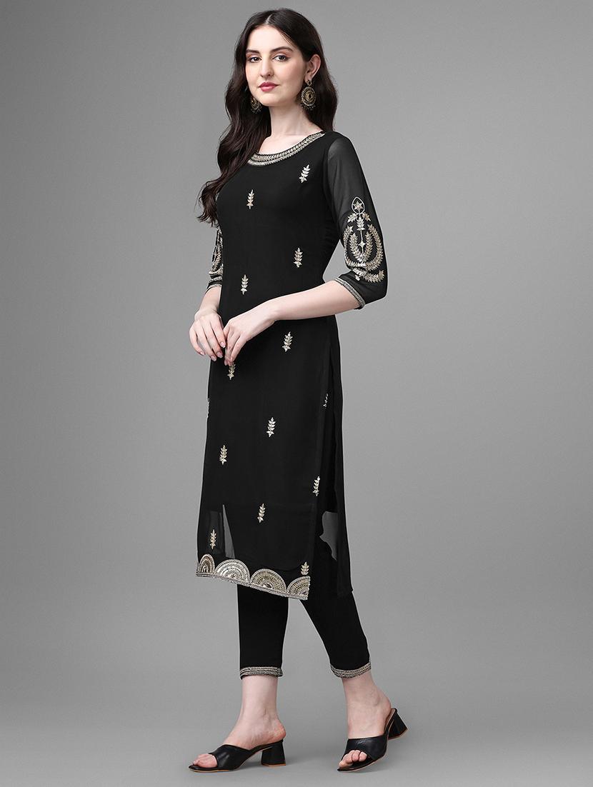black self design straight kurta - 20031791 - Standard Image - 2