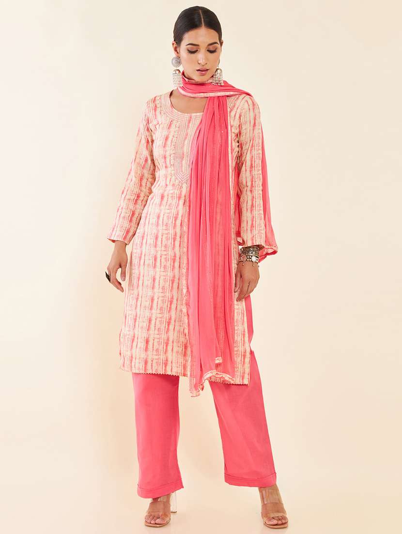 pink printed untstitched palazzo suits