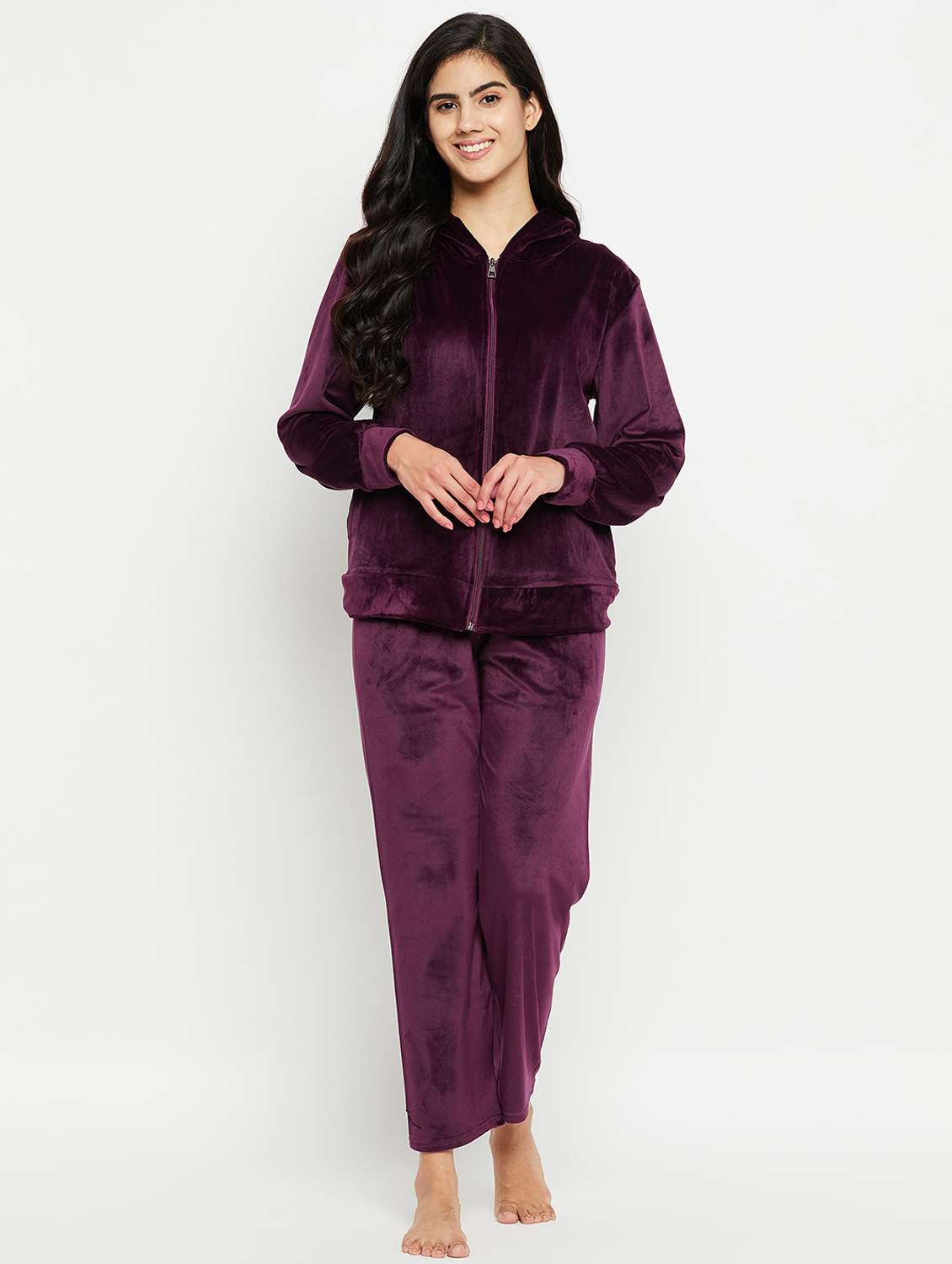 women hooded neck solid nightwear suit
