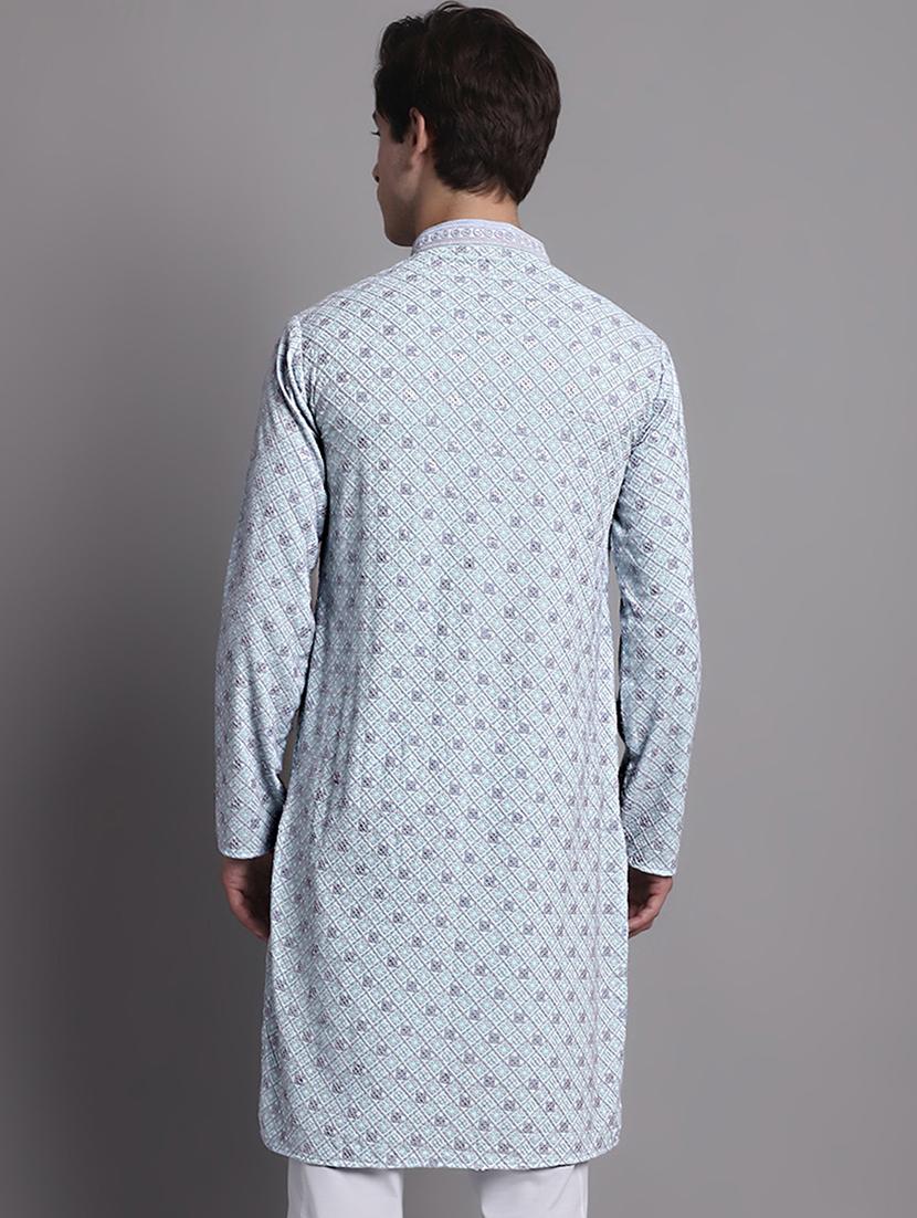 men solid with work mandarin neck long kurta - 20038875 - Standard Image - 2