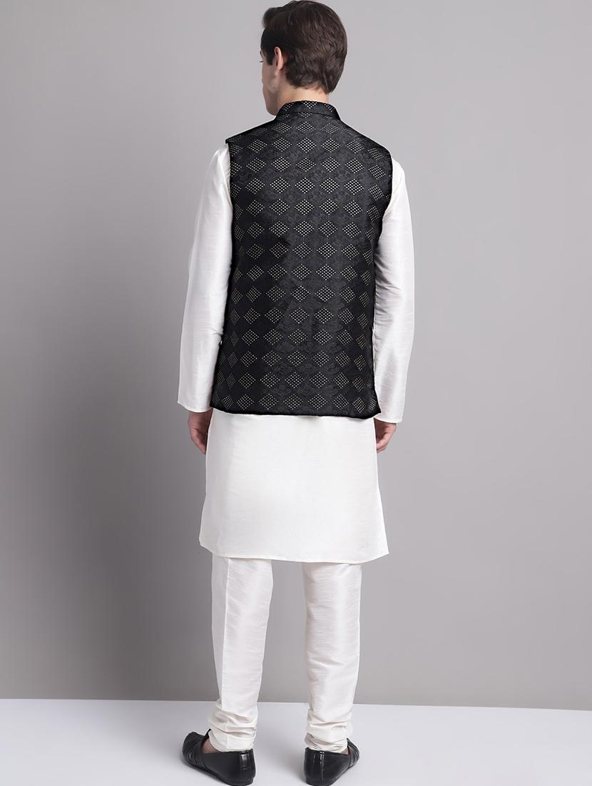 black silk blend kurta pyjama with jacket ethnic wear set - 20038892 - Standard Image - 2