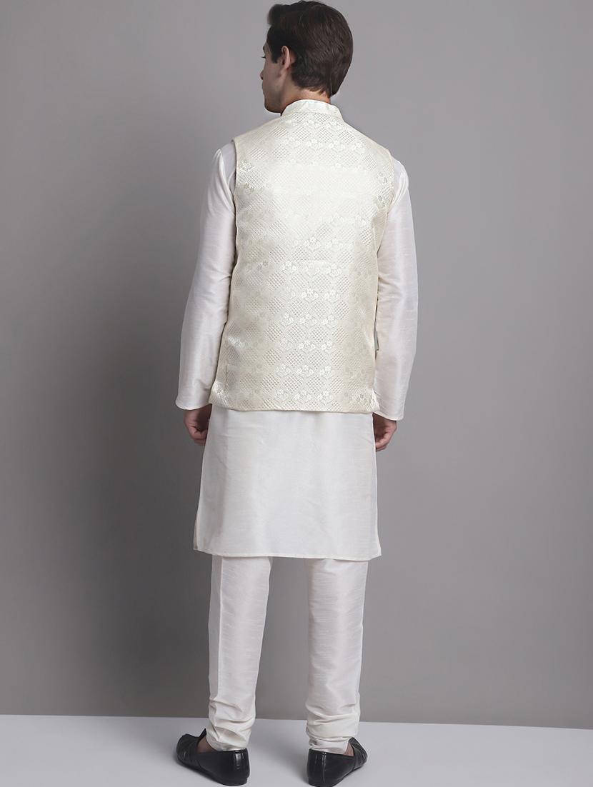 cream silk blend kurta pyjama with jacket ethnic wear set - 20038893 - Standard Image - 2