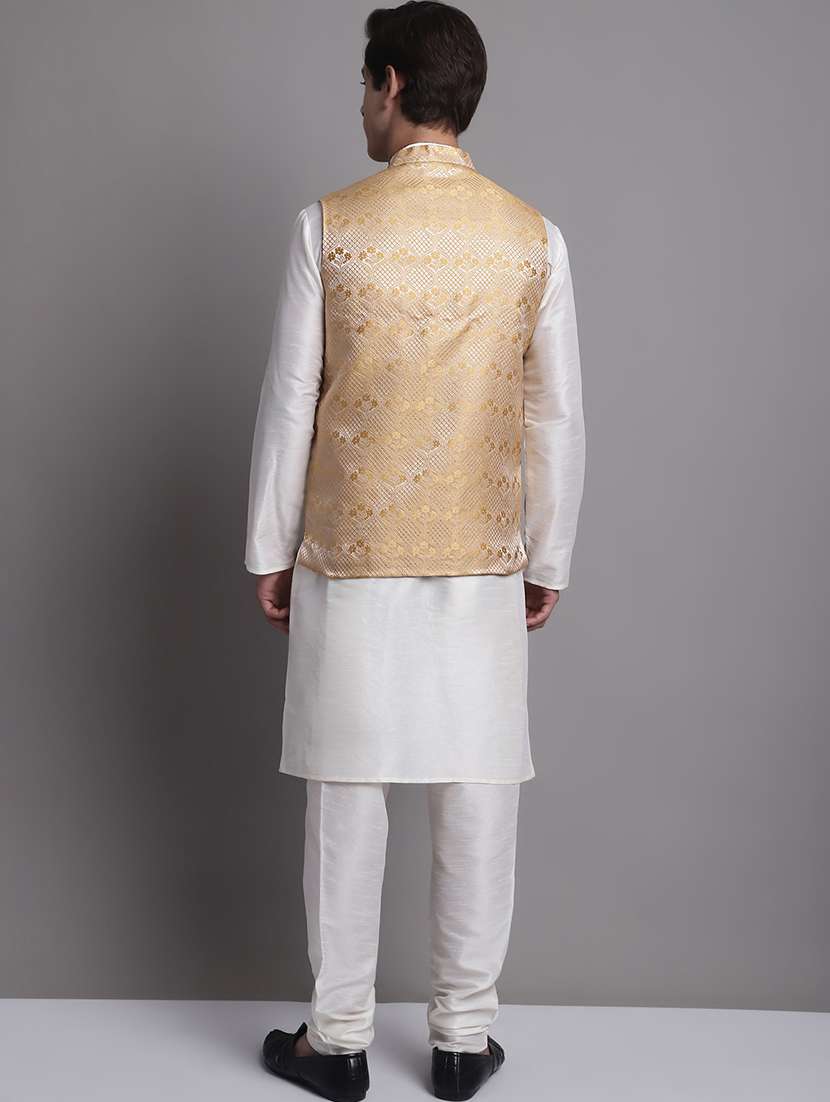 golden silk blend kurta pyjama with jacket ethnic wear set - 20038894 -  Standard Image - 2