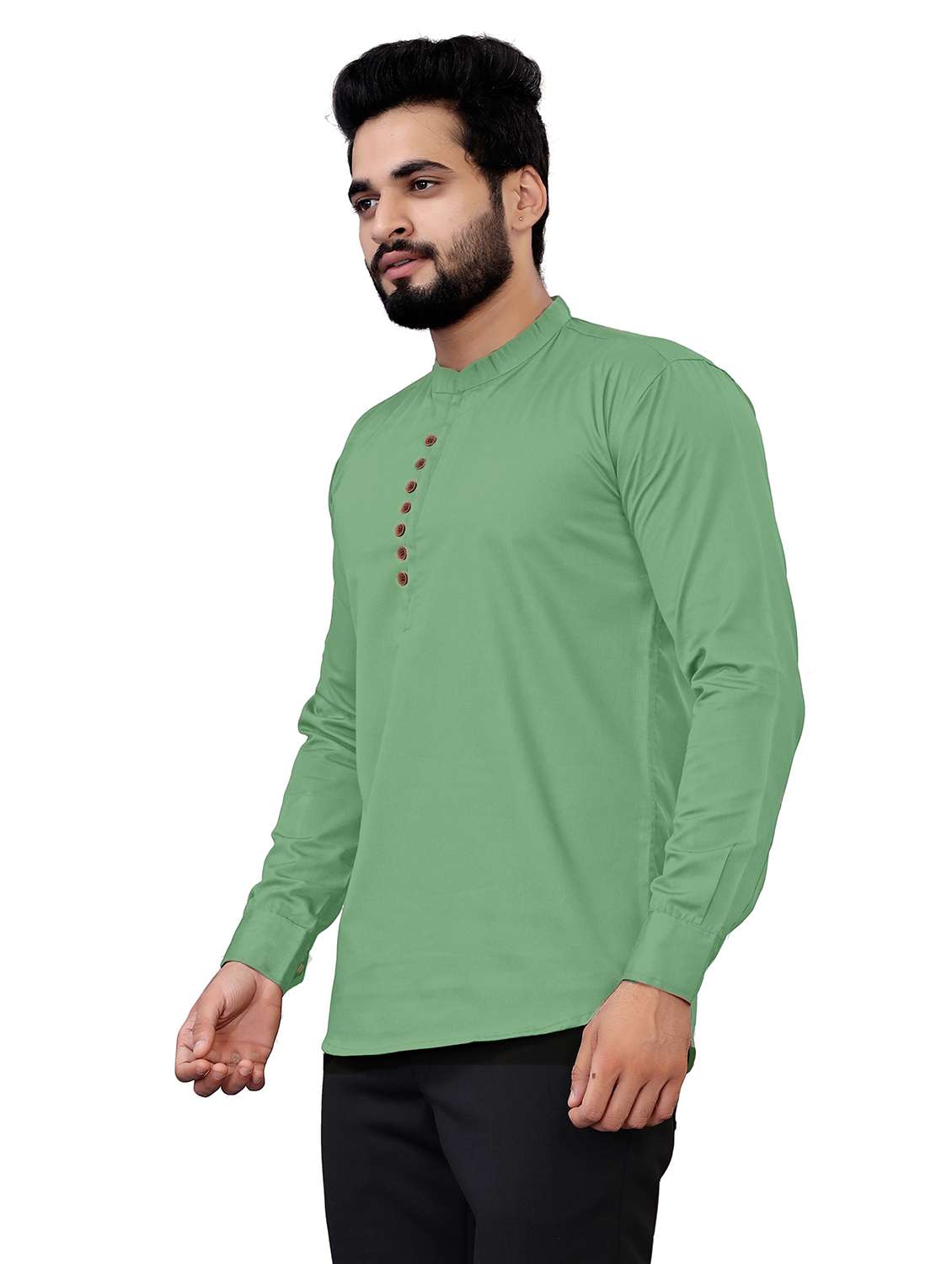 green cotton blend short kurta - 20038945 -  Standard Image - 2