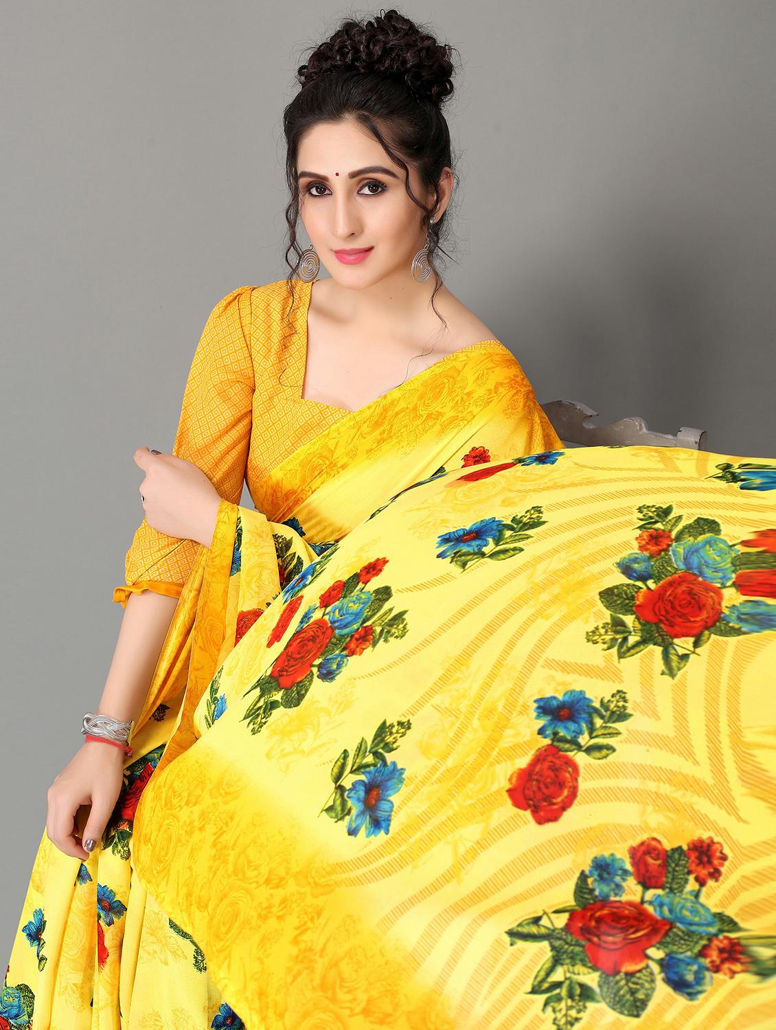 yellow georgette printed saree with blouse - 20039264 - Standard Image - 2