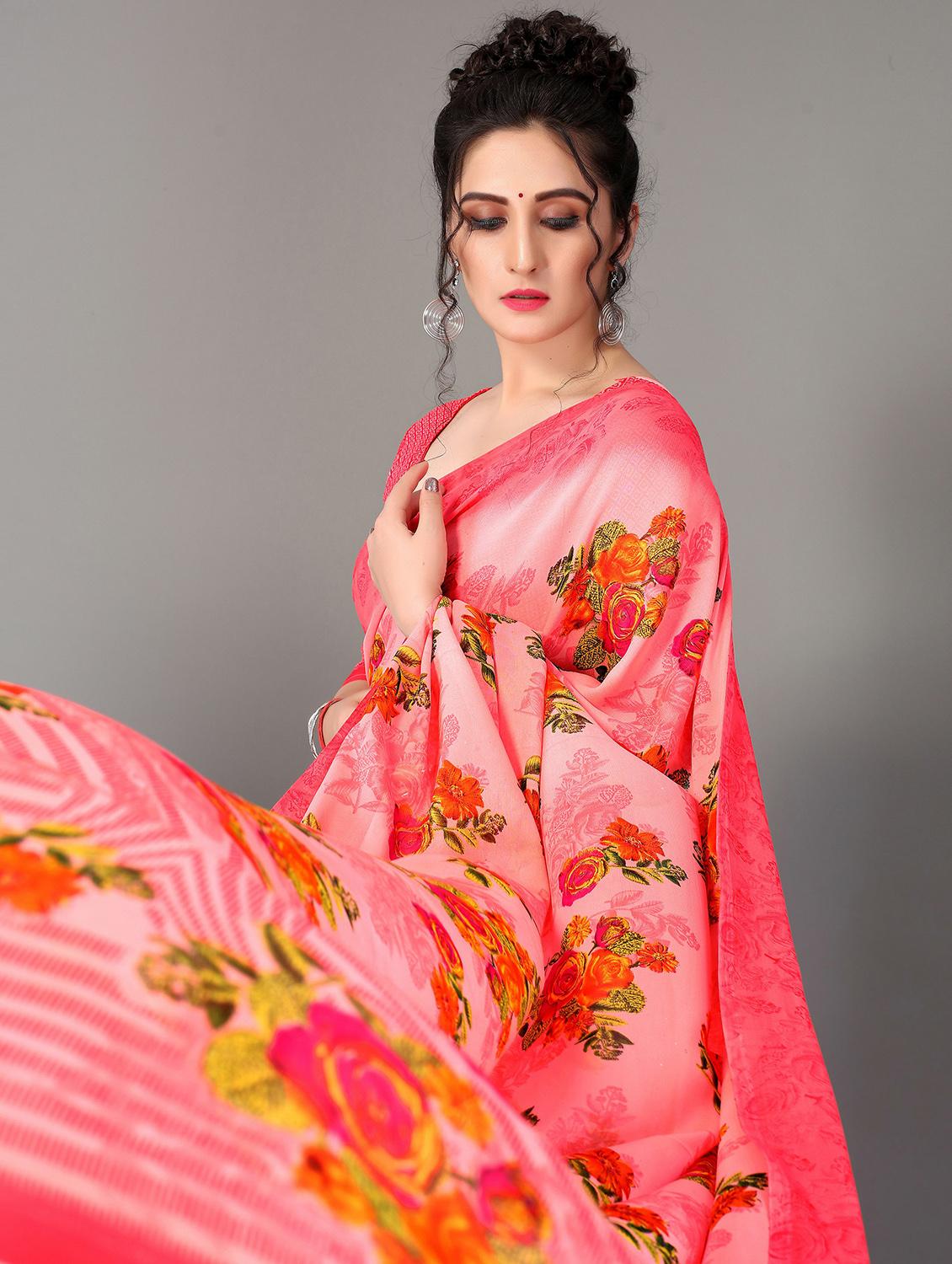 pink georgette printed saree with blouse - 20039265 - Standard Image - 2