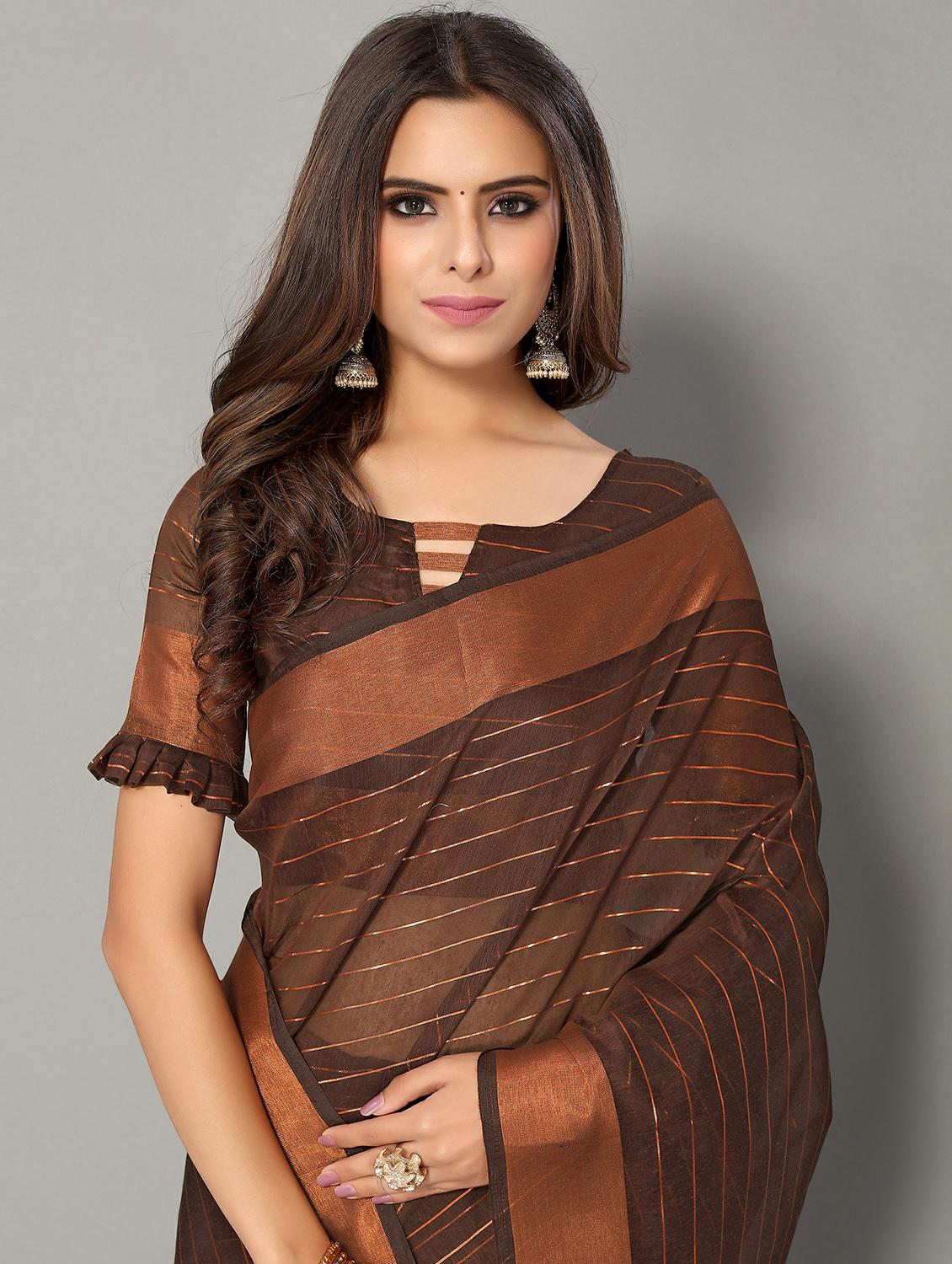 brown cotton handloom saree with blouse - 20039279 - Standard Image - 2