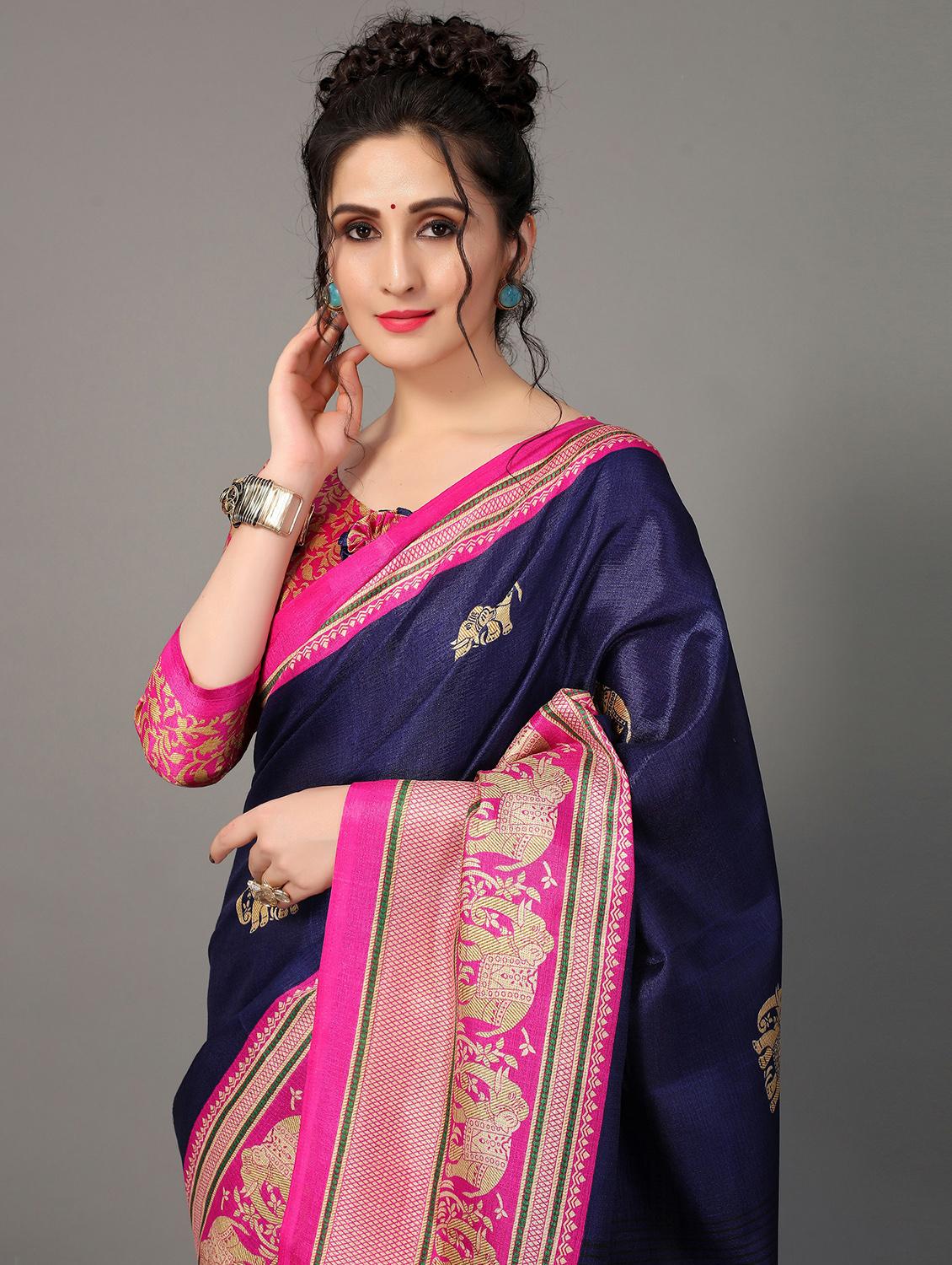 women's self design navy blue colored saree with blouse - 20039282 - Standard Image - 2