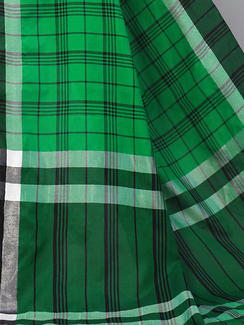 green cotton blend handloom saree with blouse - 20039368 - Standard Image - 2