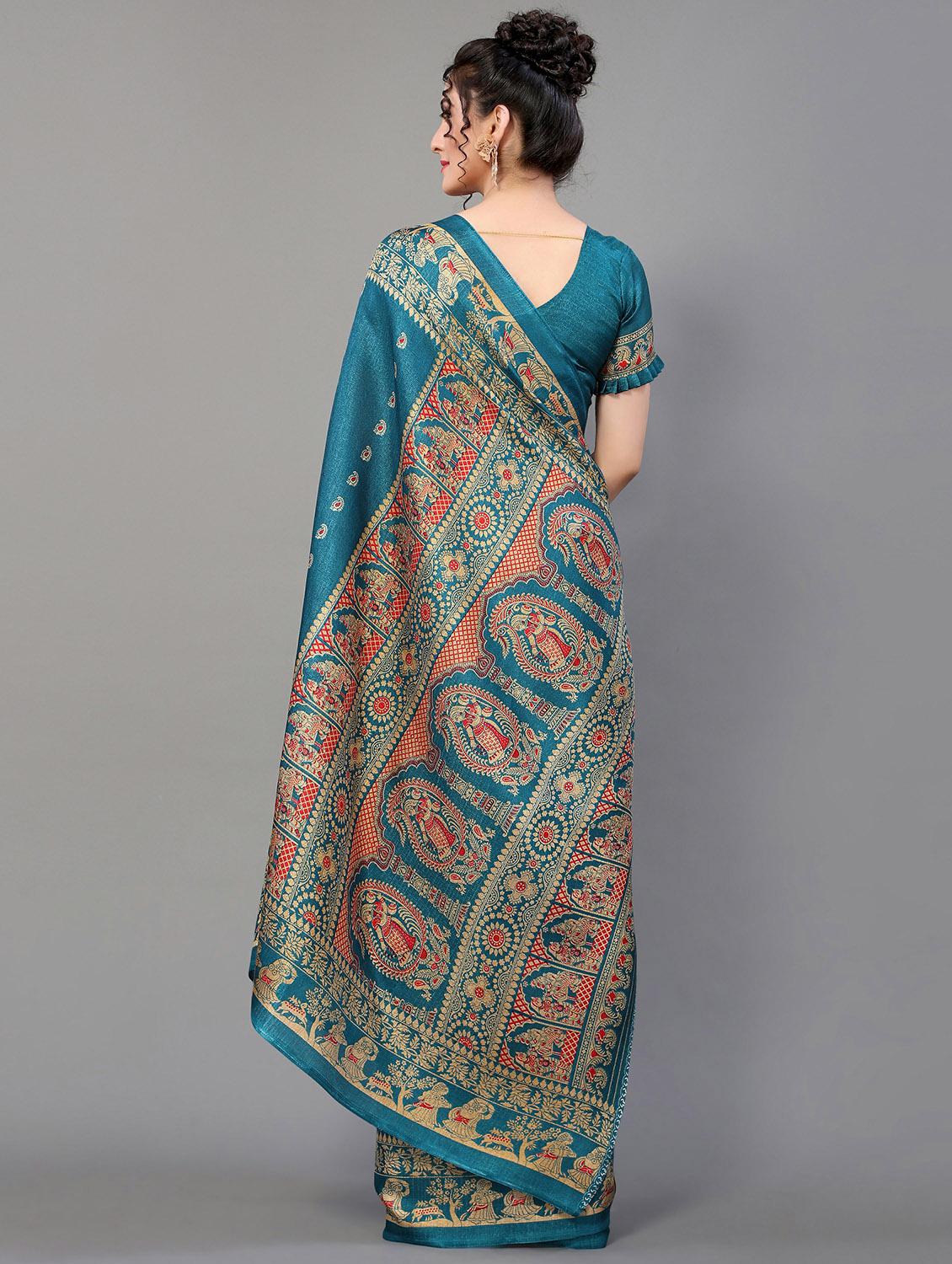 turquoise silk blend mysore saree with blouse - 20039457 - Standard Image - 2