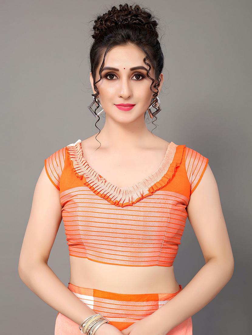 orange cotton blend handloom saree - 20039476 - Standard Image - 2