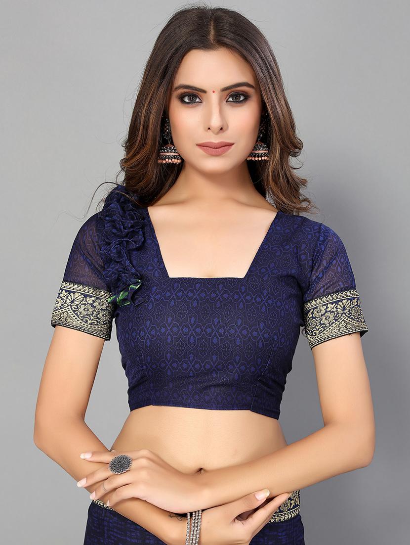 navy georgette printed saree with blouse - 20039498 - Standard Image - 2