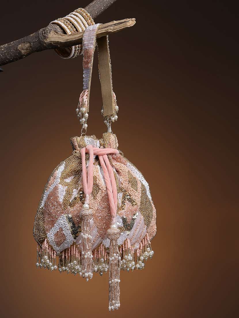 pink faux silk embroidered potli