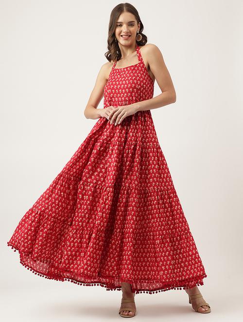 red cotton tiered ethnic dress - 20048049 - Standard Image - 0