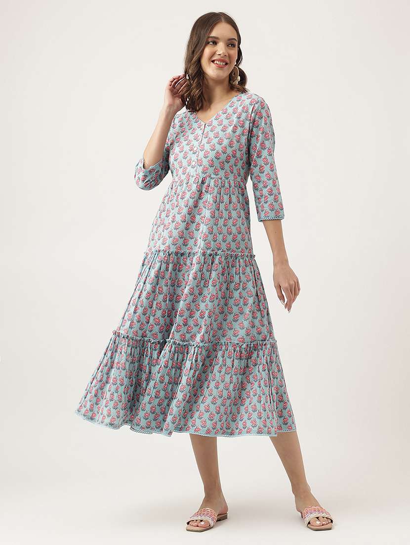 blue floral print tiered dress