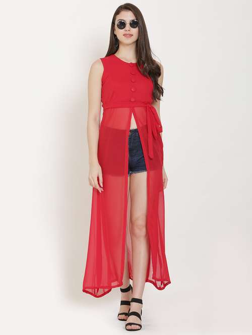 red solid fit & flare tunic - 20051723 - Standard Image - 0