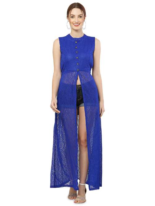 blue solid fit & flare tunic - 20051740 -  Standard Image - 0