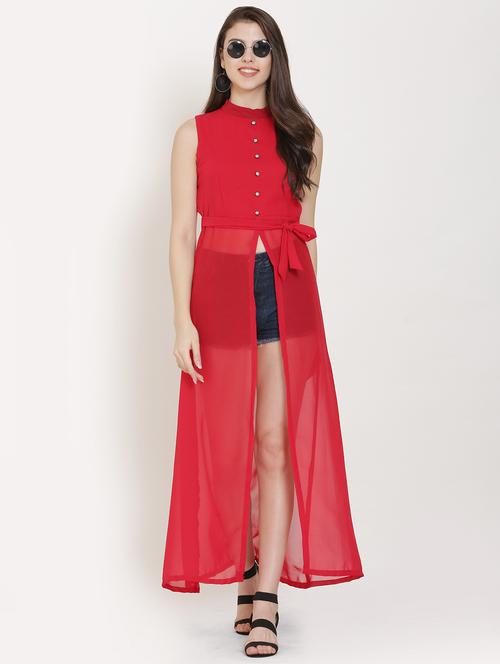 red solid fit & flare tunic - 20051769 - Standard Image - 0
