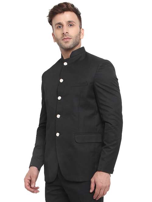 black cotton blend bandhgala - 20051781 - Standard Image - 0