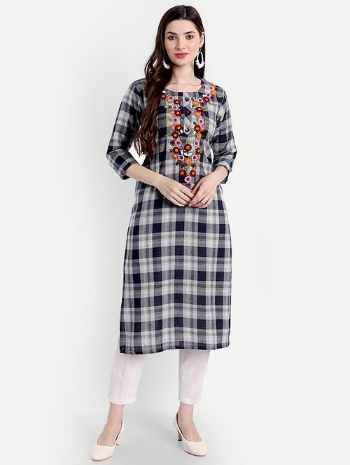 round neck checkered print straight  kurta - 20051964 -  Standard Image - 0