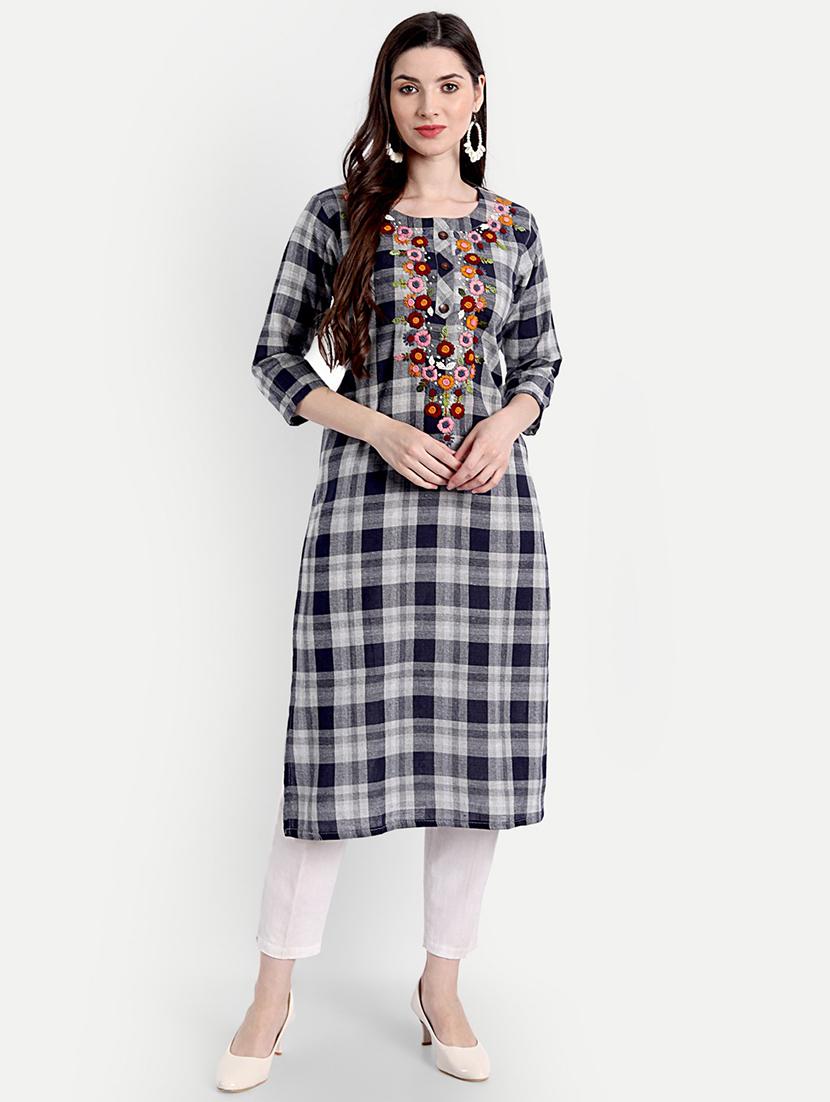 round neck checkered print straight  kurta