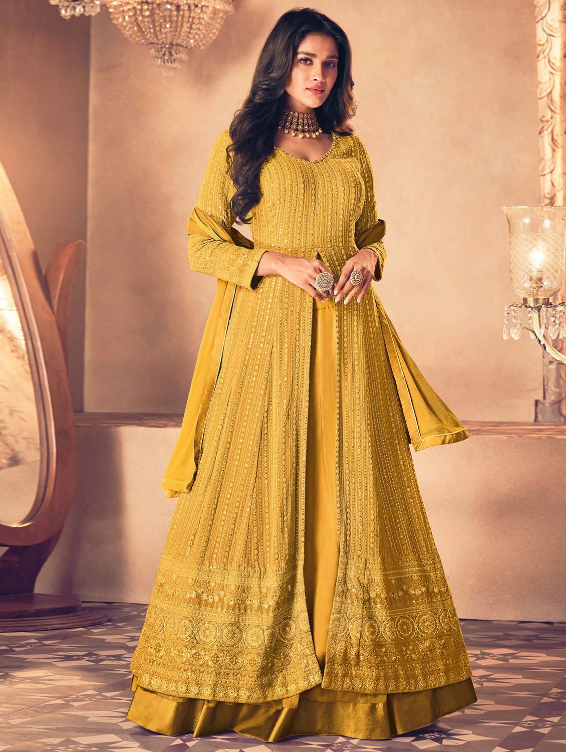 embroidered semi-stitched flared suit set