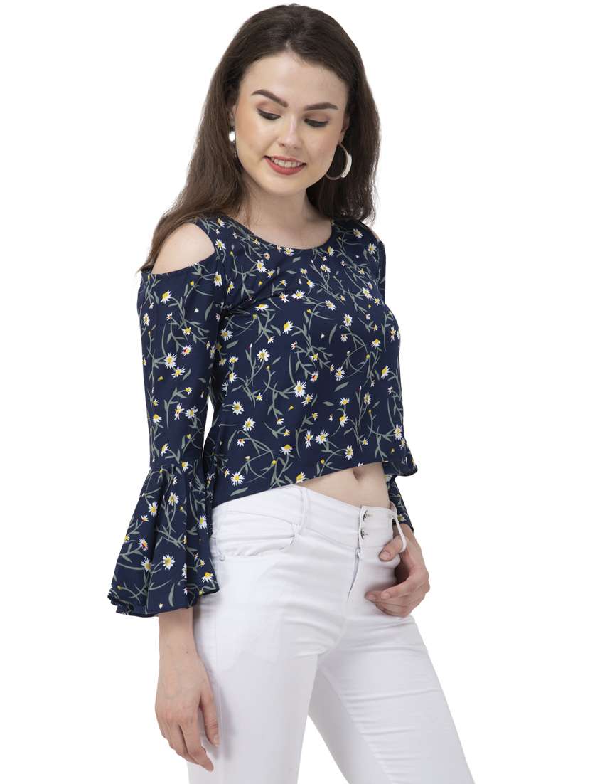 women navy blue floral printed high low top - 20056135 -  Standard Image - 2