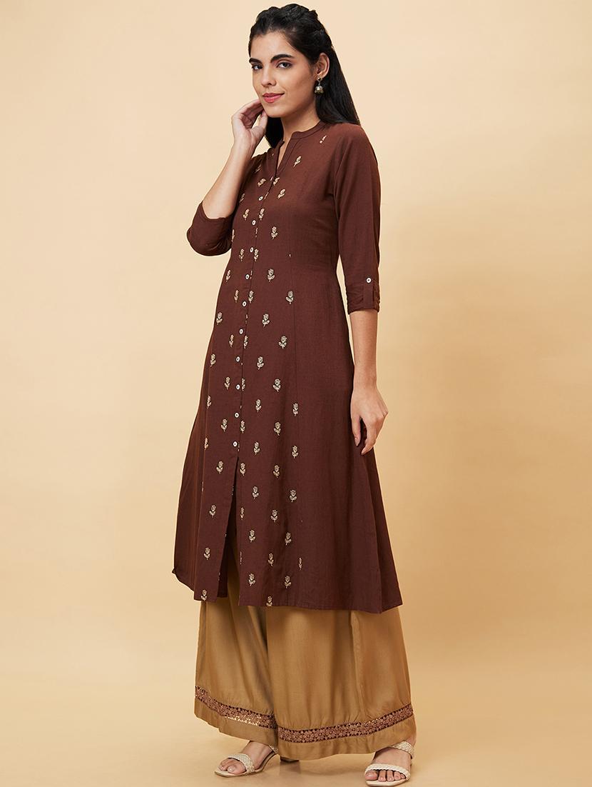 brown printed a-line kurta - 20056390 - Standard Image - 2
