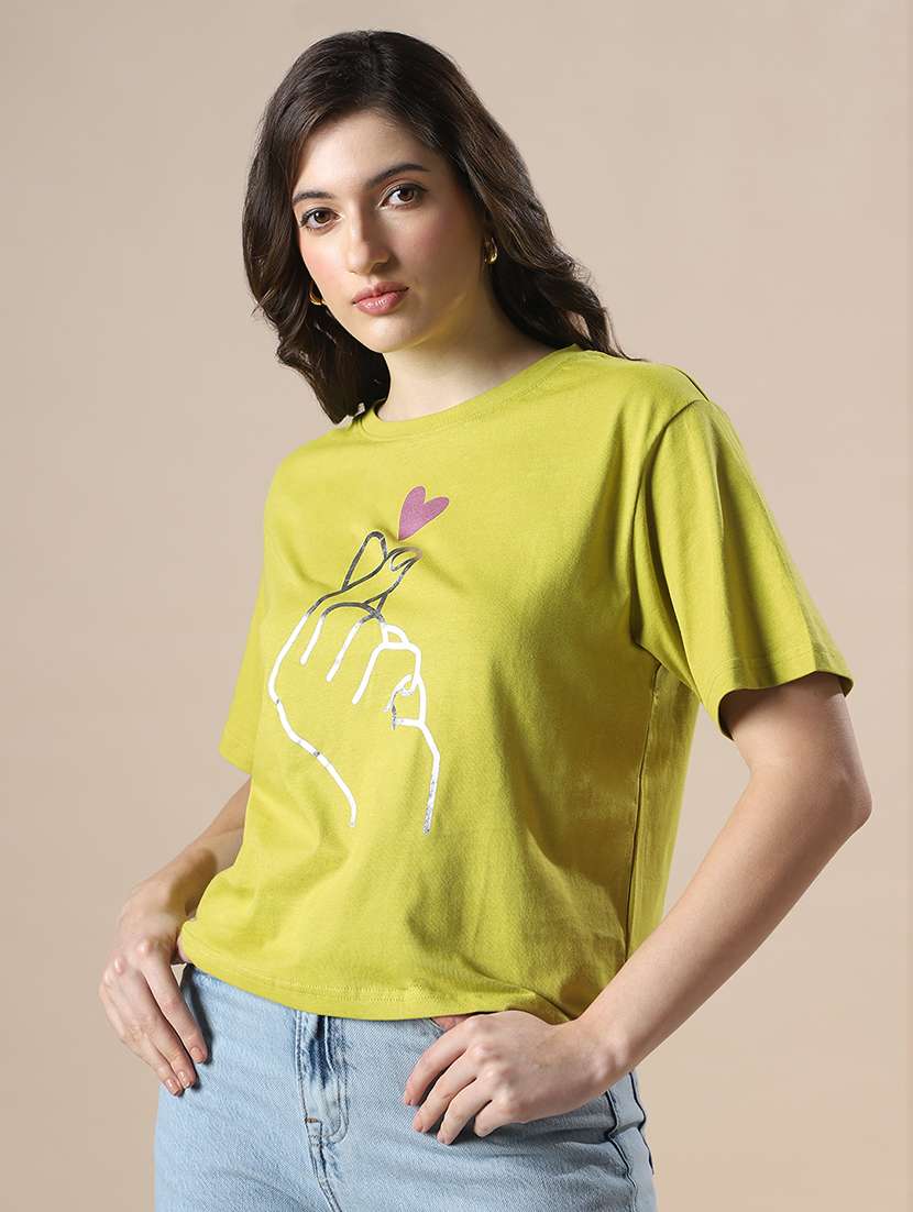 globus women green drop shoulder korean graphic printed oversized trendy crop t-shirt