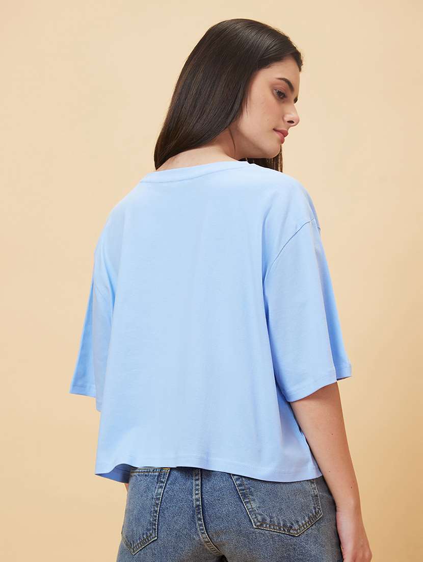 women light blue cotton chest print t-shirt - 20056403 -  Standard Image - 2