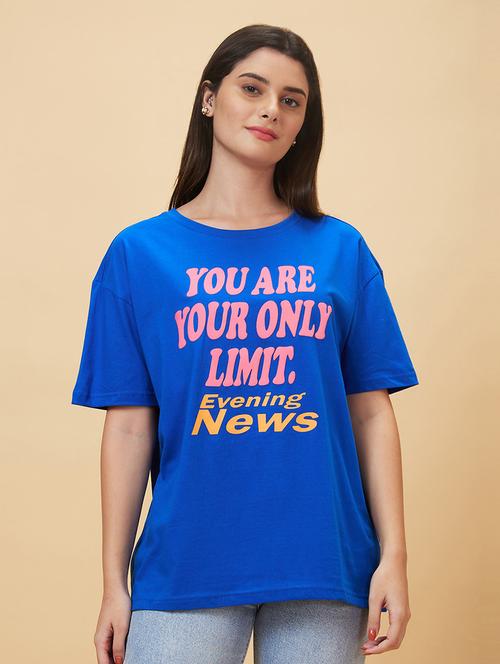 women blue cotton front print t-shirt - 20056405 - Standard Image - 0