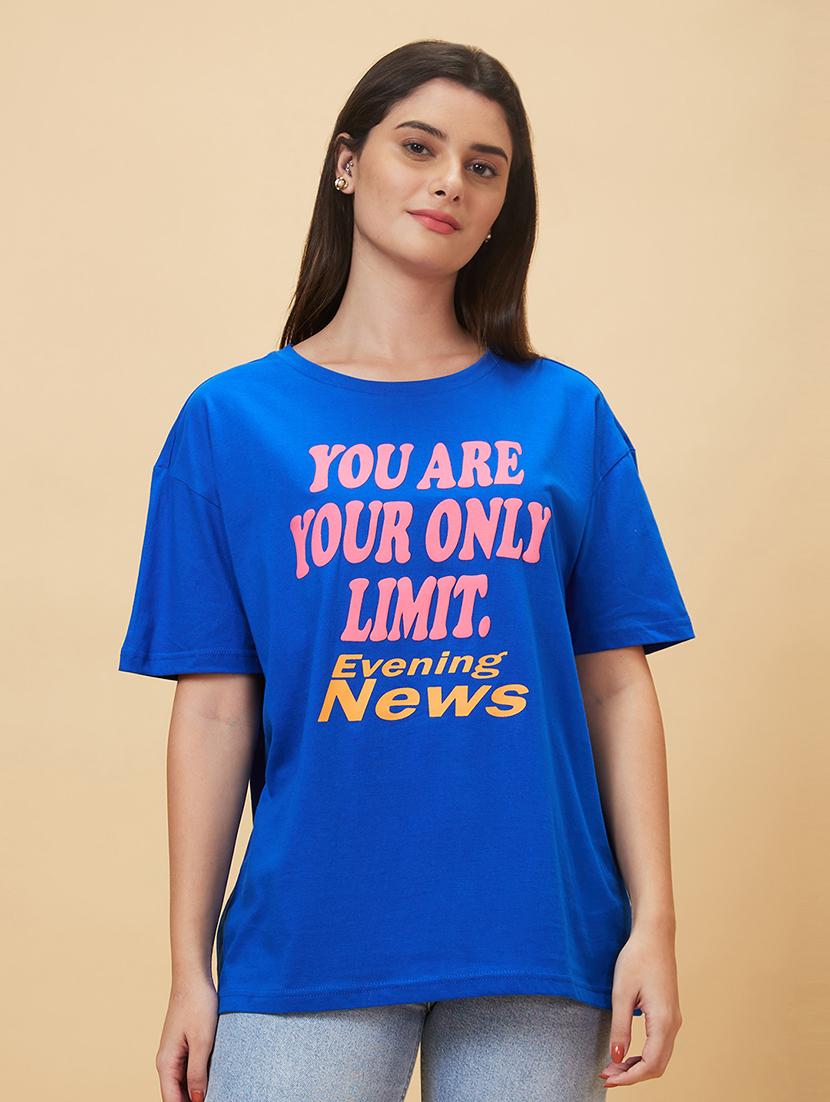 women blue cotton front print t-shirt - 20056405 - Zoom Image - 0