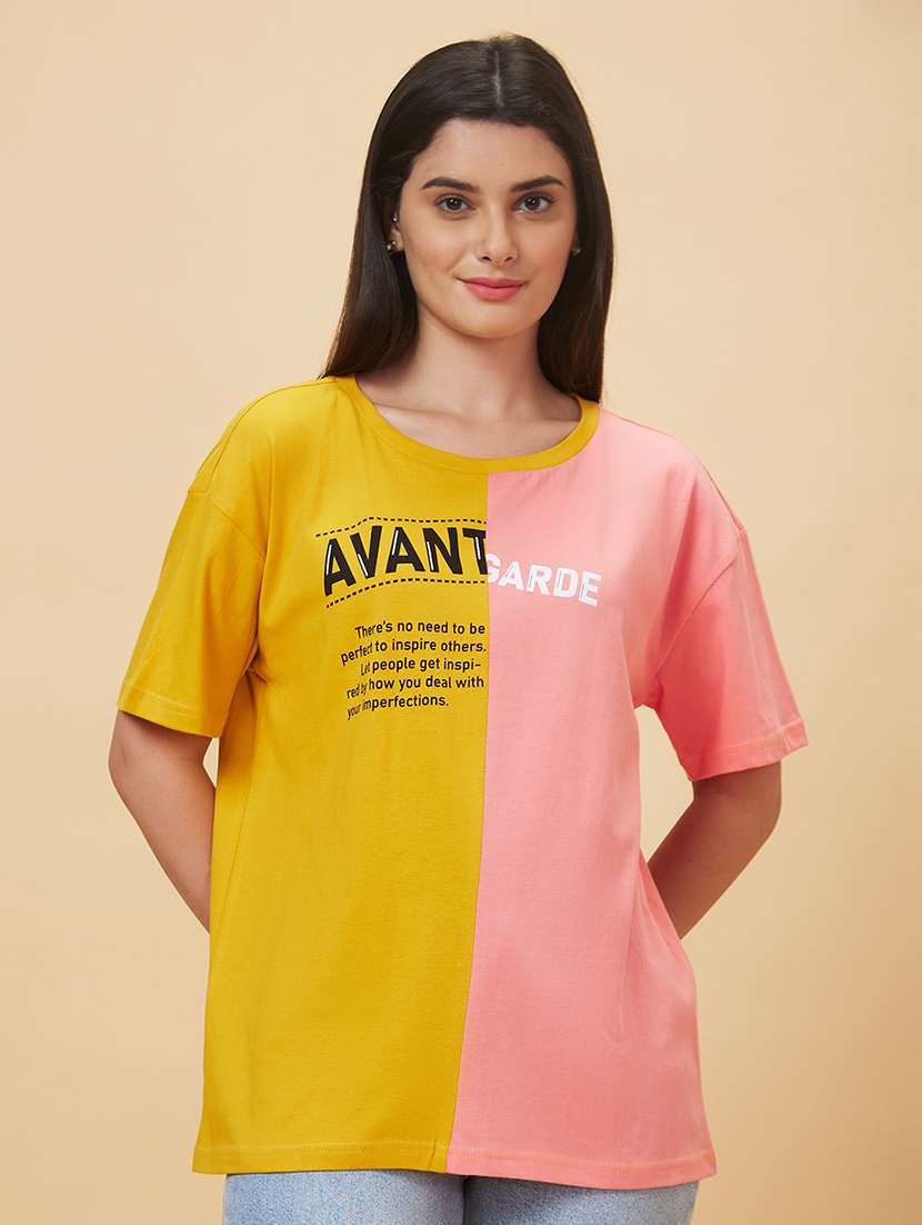 women yellow cotton regular t-shirt