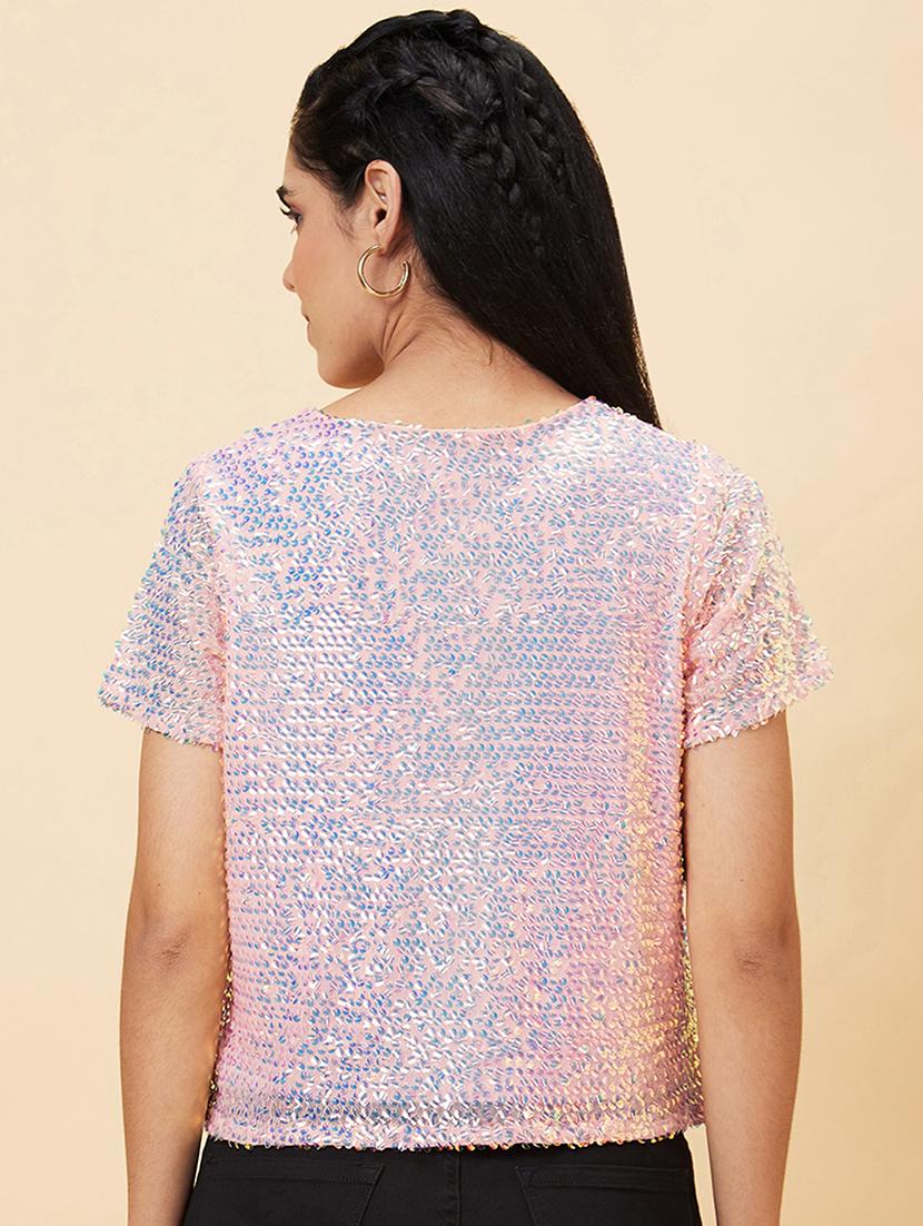 globus women pink sequinned embellished party crop top - 20056415 - Standard Image - 2